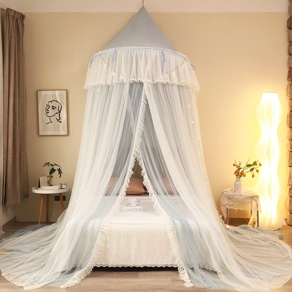 女の子のためのプリンセス ベッド天蓋 夢のようなレース ベッド天蓋カーテン ライト付き 品質 二重層薄..