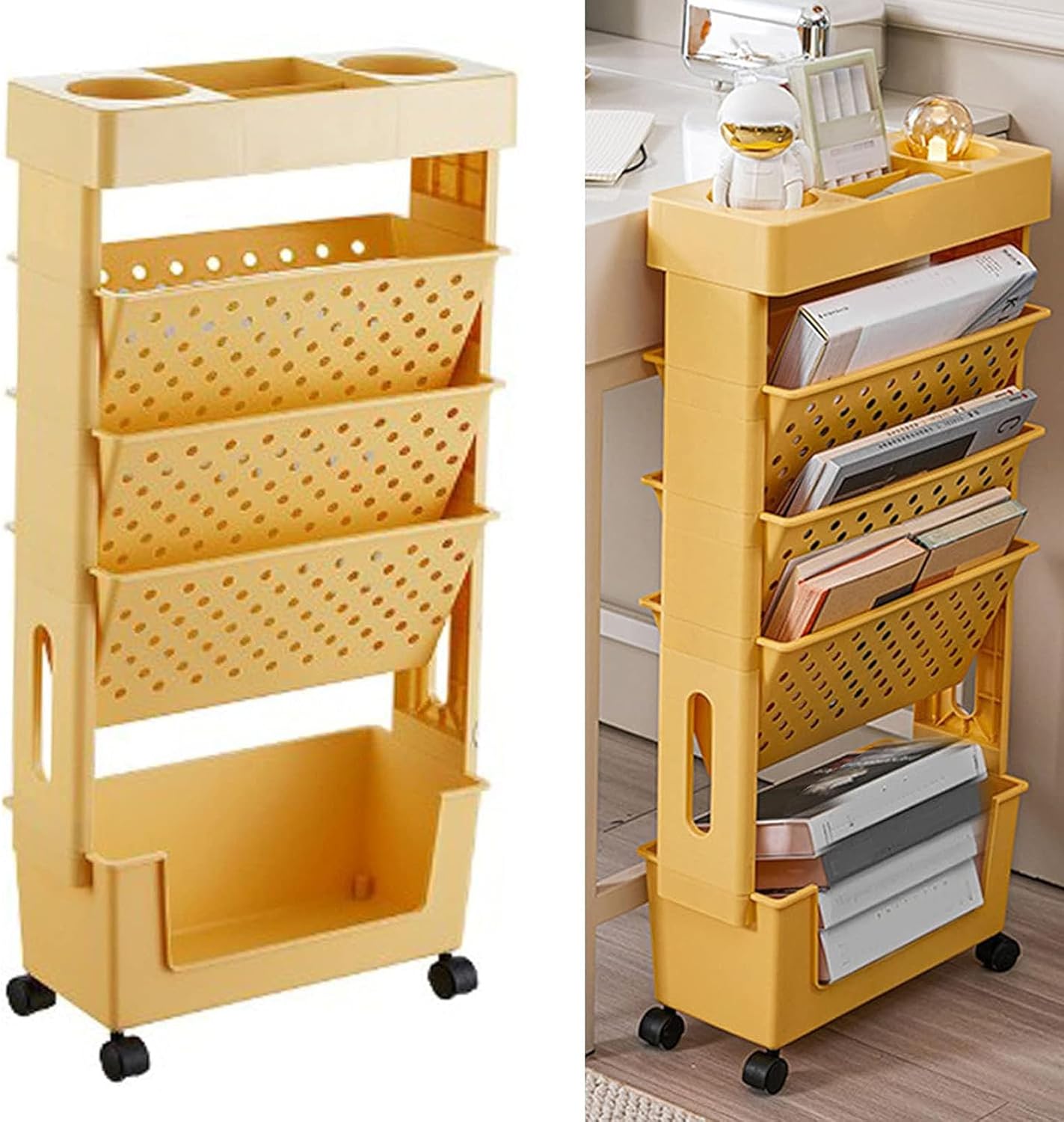 5層書籍収納ラックモバイル本棚大容量ファイルラックキャスター付き回転収納ラック多機能モダンな超薄..