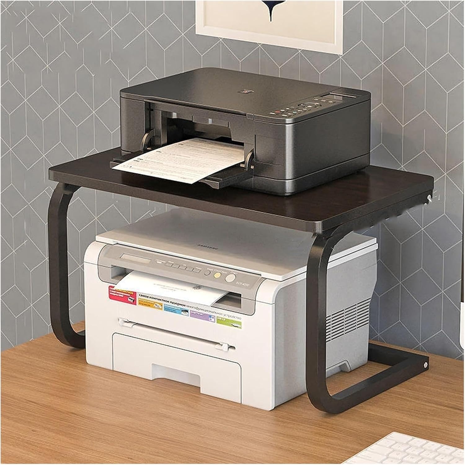 プリンターラックプリンター台デスクラック 2 層木製デスクトッププリンタスタンドホルダー金属フレー..