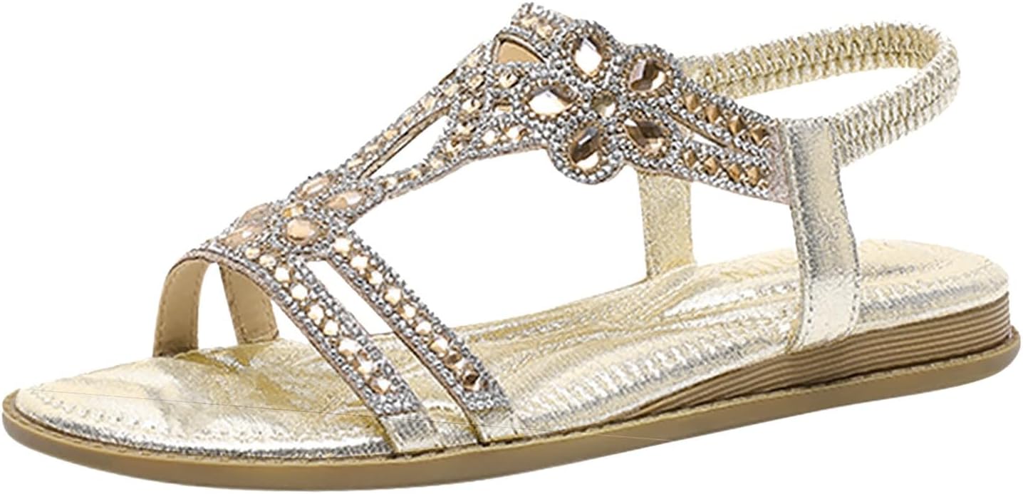 女性のためのサンダル弾性アンクルストラップカジュアルボヘミアンビーチシューズファッションクリスタ..