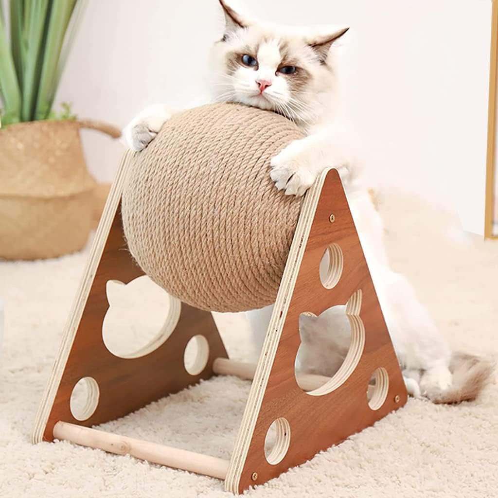 猫のエクササイズホイール 猫のスクラッチボール キャットタワー 木製 三角型 サイザル麻紐巻き 爪研ぎボール 猫用タワー 猫用爪とぎ ネコオモチャ 爪研ぎ 麻? おしゃれ 据え置き型 猫スクラッチパッ