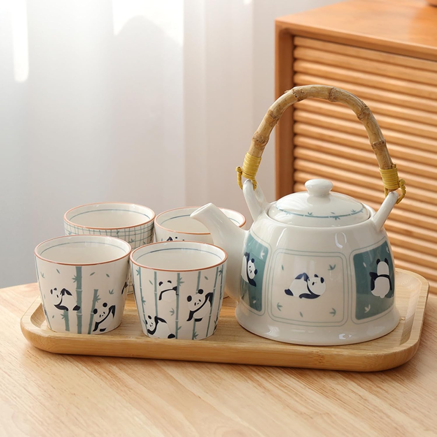 急須セット 湯呑み セット パンダ 陶器ティーポット 陶器コップ 竹トレイ付き 耐熱 職人手作 和風 緑茶..