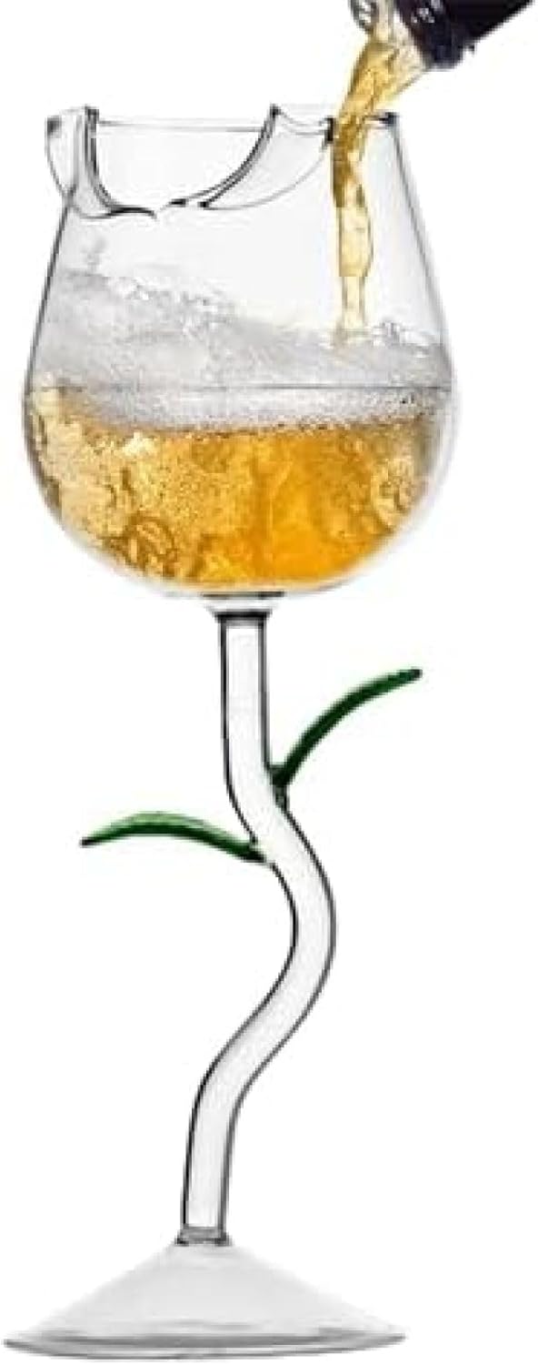 ローズワイングラス 花の形のカクテルグラス 結婚式のバーパーティー用の本物のような葉が付いた耐熱性..