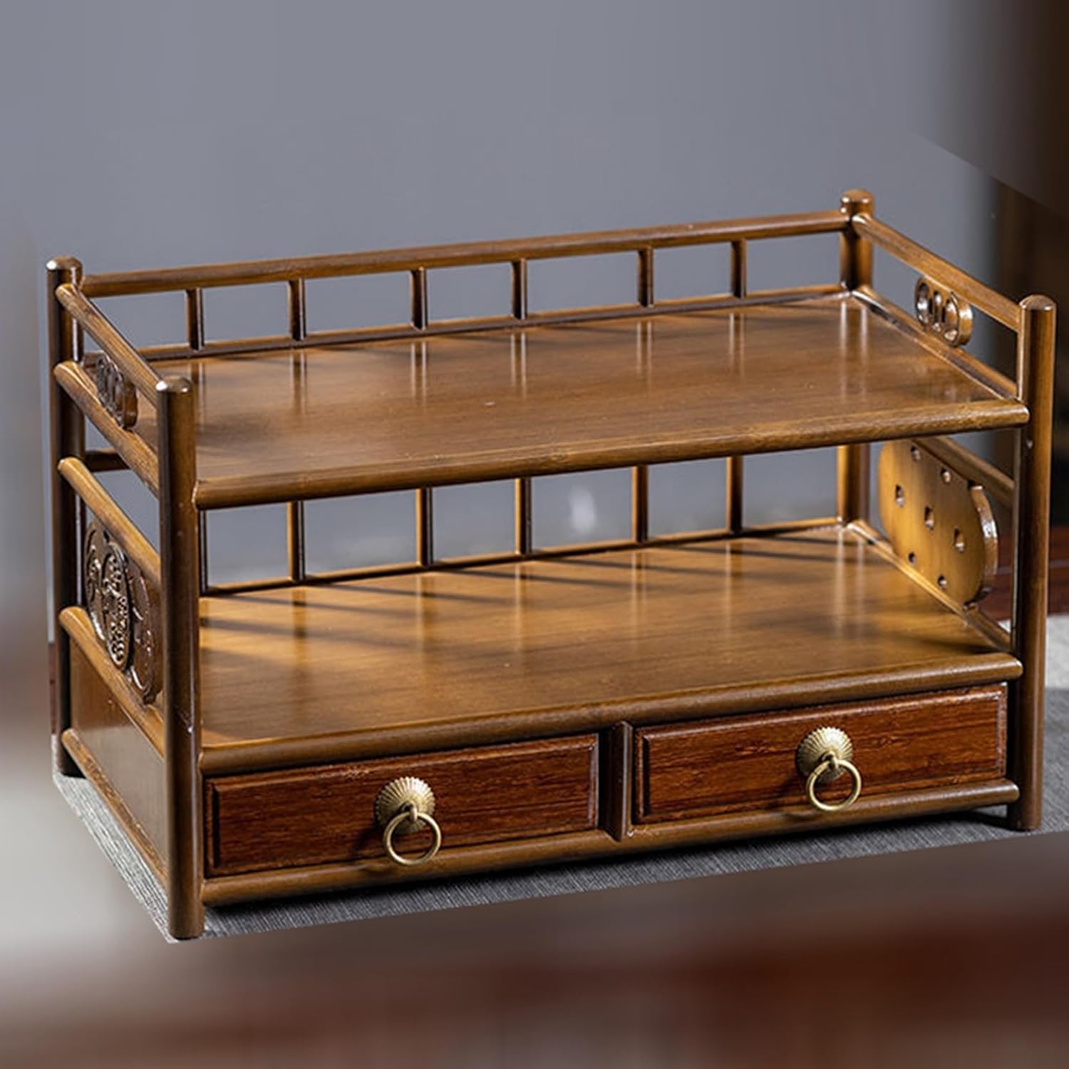 茶器収納棚 引き出し付き アンティーク珍品棚 デスク上置き棚 木材 木製 透かし彫り 復古 小物収納 和..