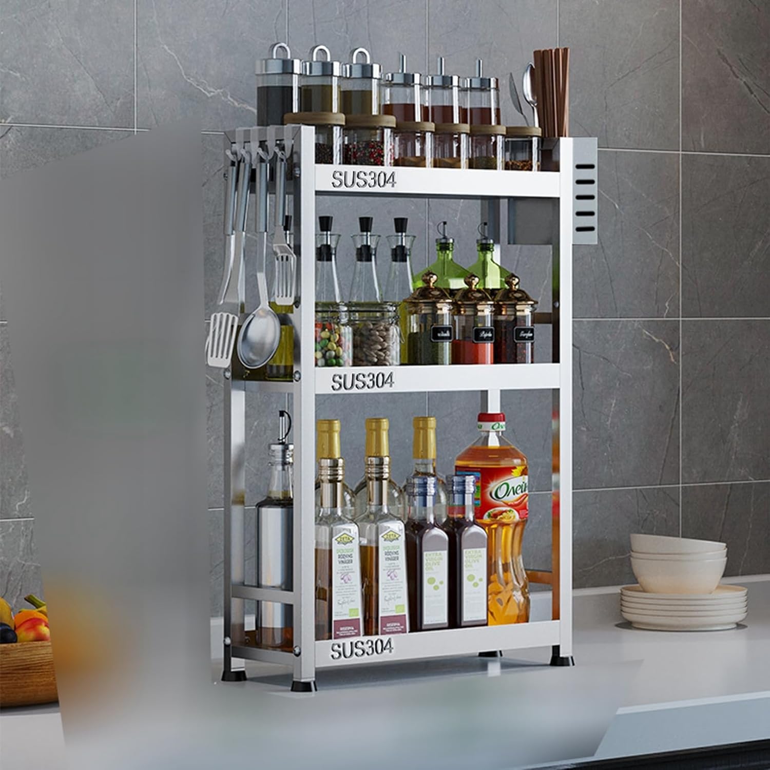 キッチン収納 調味料ラック スパイススタンド 台所 304ステンレス 2段式 3段式 フック付き キッチン収..