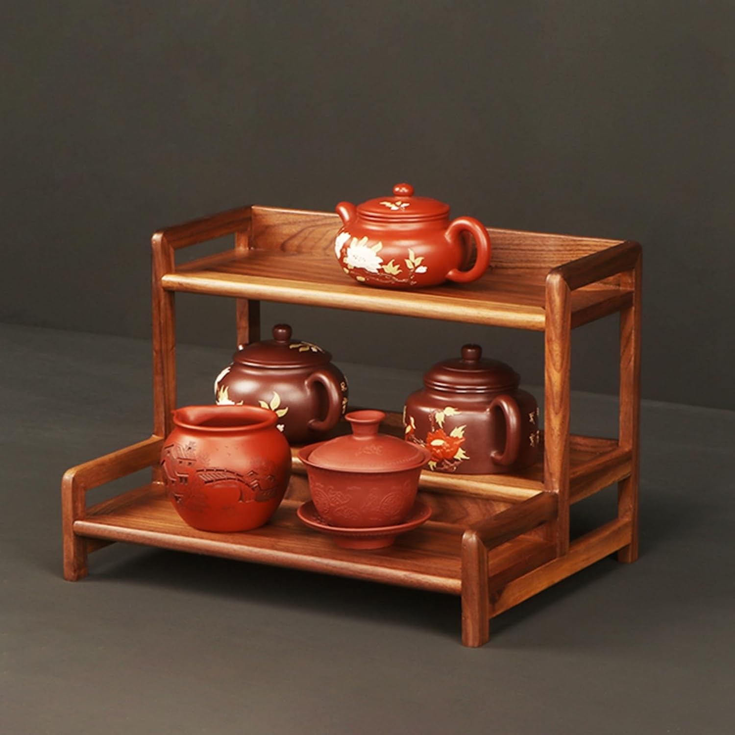 ホルダー茶器収納棚 胡桃木 卓上収納ラック アンティーク棚 2層 3層 玄関収納 キースタンド 鍵置き 木..