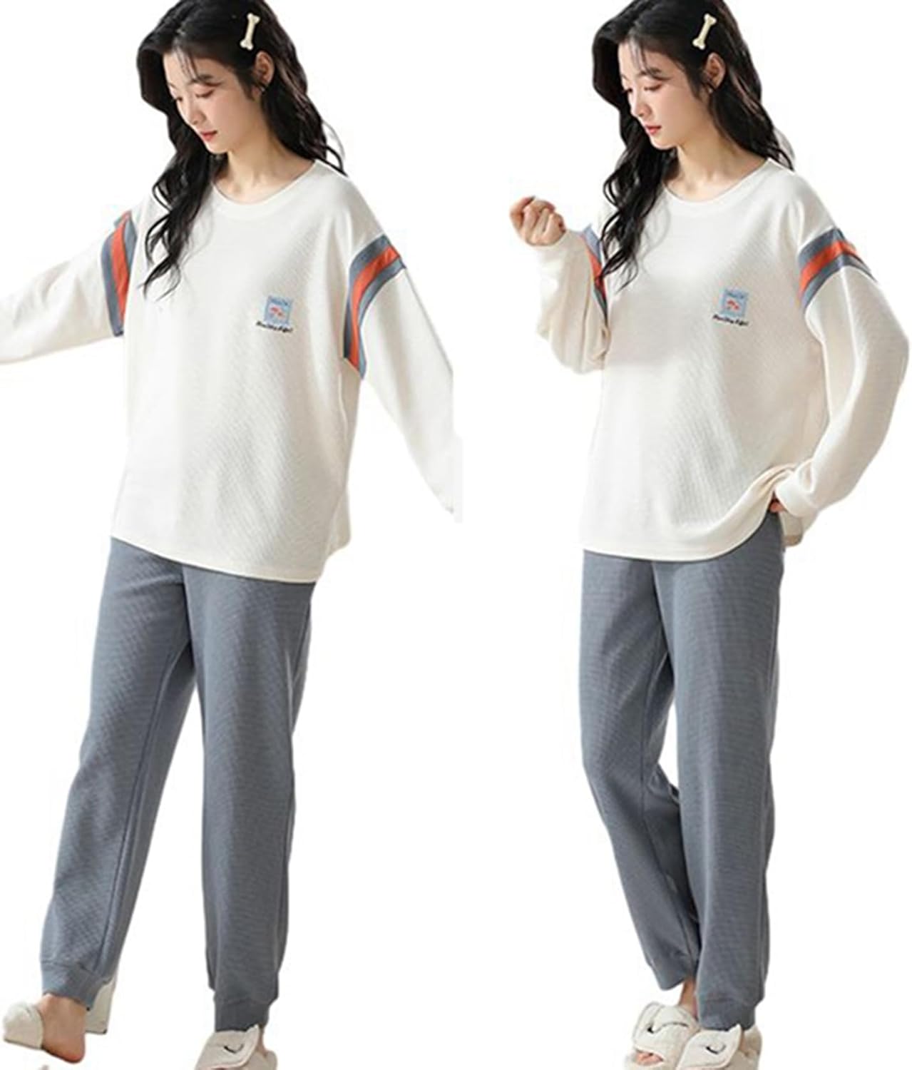 春秋 レディース ロングパンツ パジャマセット 綿100 ナイトウェアセット 上下セット 2点セット 丸首 t..