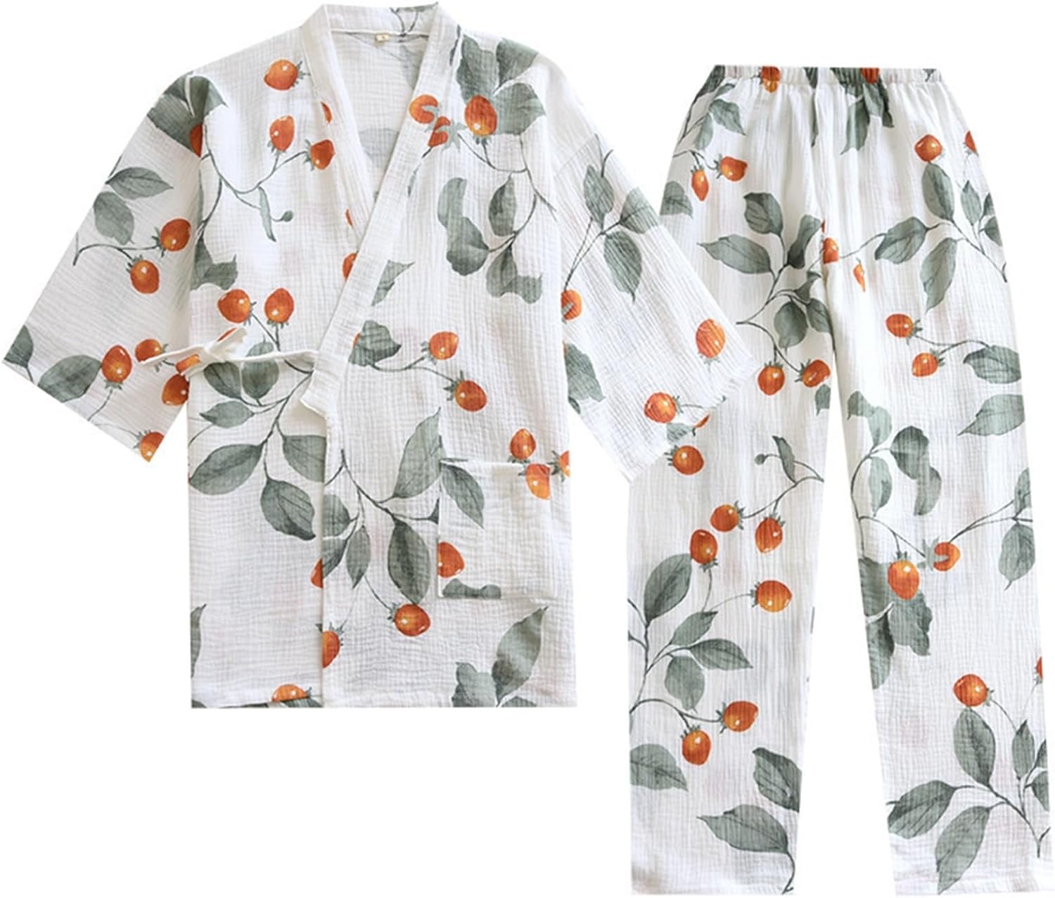 パジャマ 和式 和風 レディース ガーゼ綿100 ミニトマト柄 7分袖 ロングパンツ 紐結び ねまき 可愛い ..