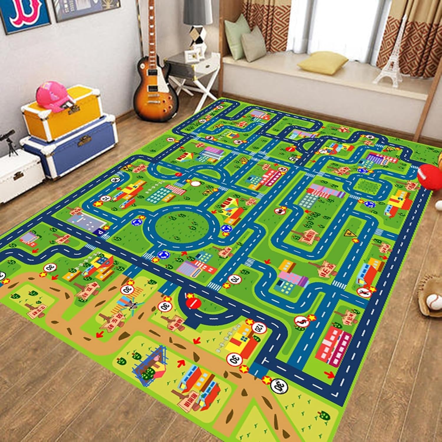 キッズカーペット プレイマット 道路柄 線路図柄 キッズプレイエリアラグ 夏用 デスクマット 100cm*150..