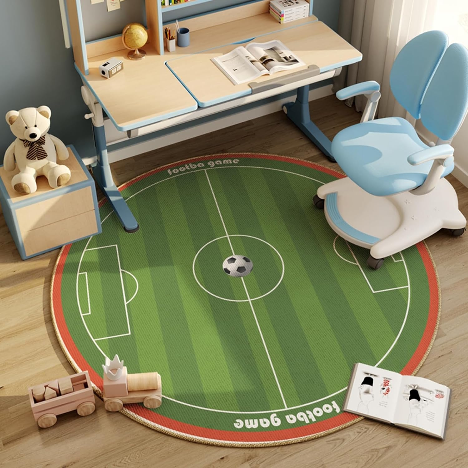 カーペット 円形 大判 プレイマット キッズラグ 遊びマット サッカー柄 オシャレ 直径80cm 掃除易い 吸水 遮音 ギフト 洗えるラグ 床暖房 ふわふわ 床保護 リビング ベッドルーム 屋内 新生