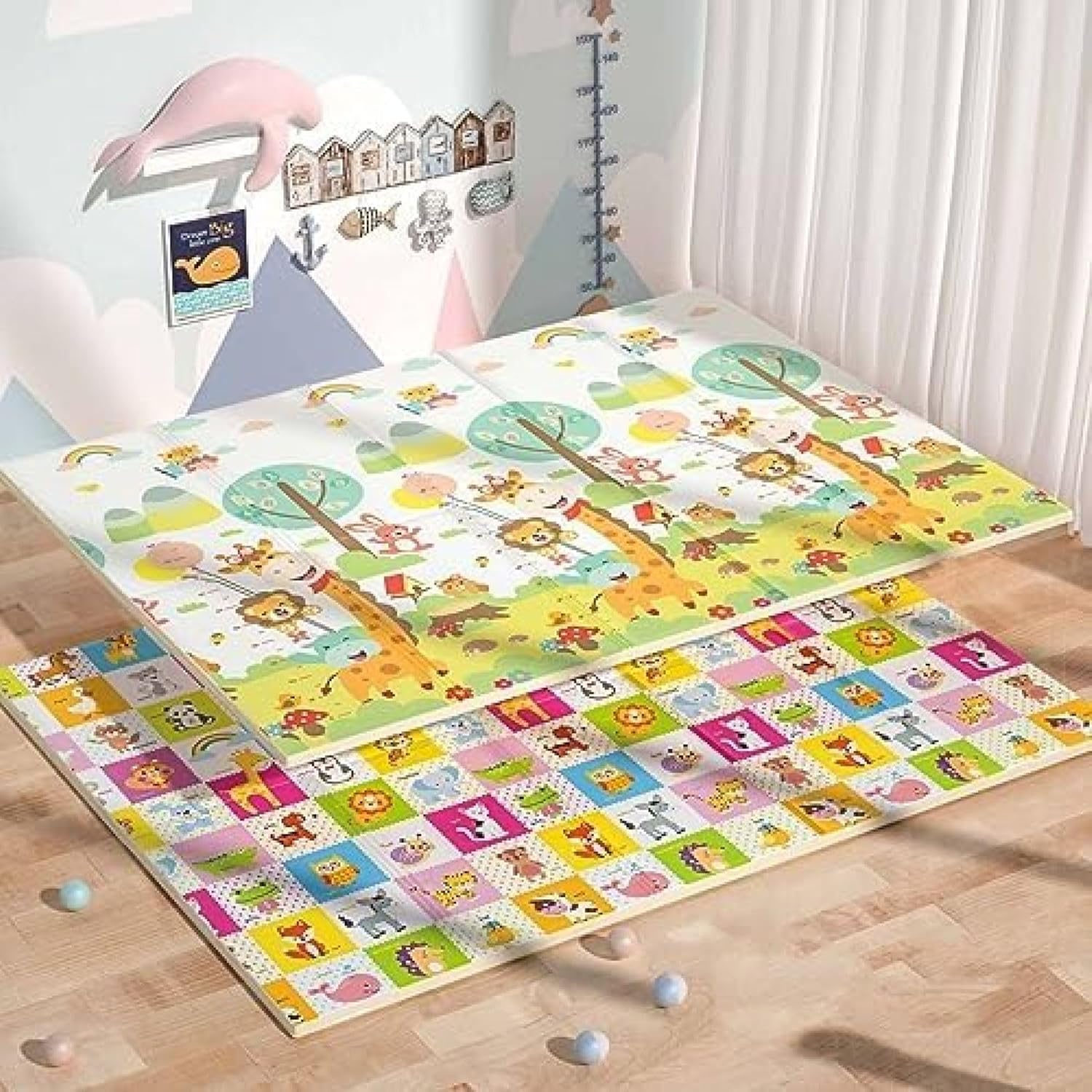 ベビープレイマット 遊びマット 防音防水 ベビージム 動物 道路柄 滑り止めパッド 折りたたみ ベビーマット 遊びマット リバーシブル 両面使用 無害 衝撃吸収 子供部屋 暖房応対