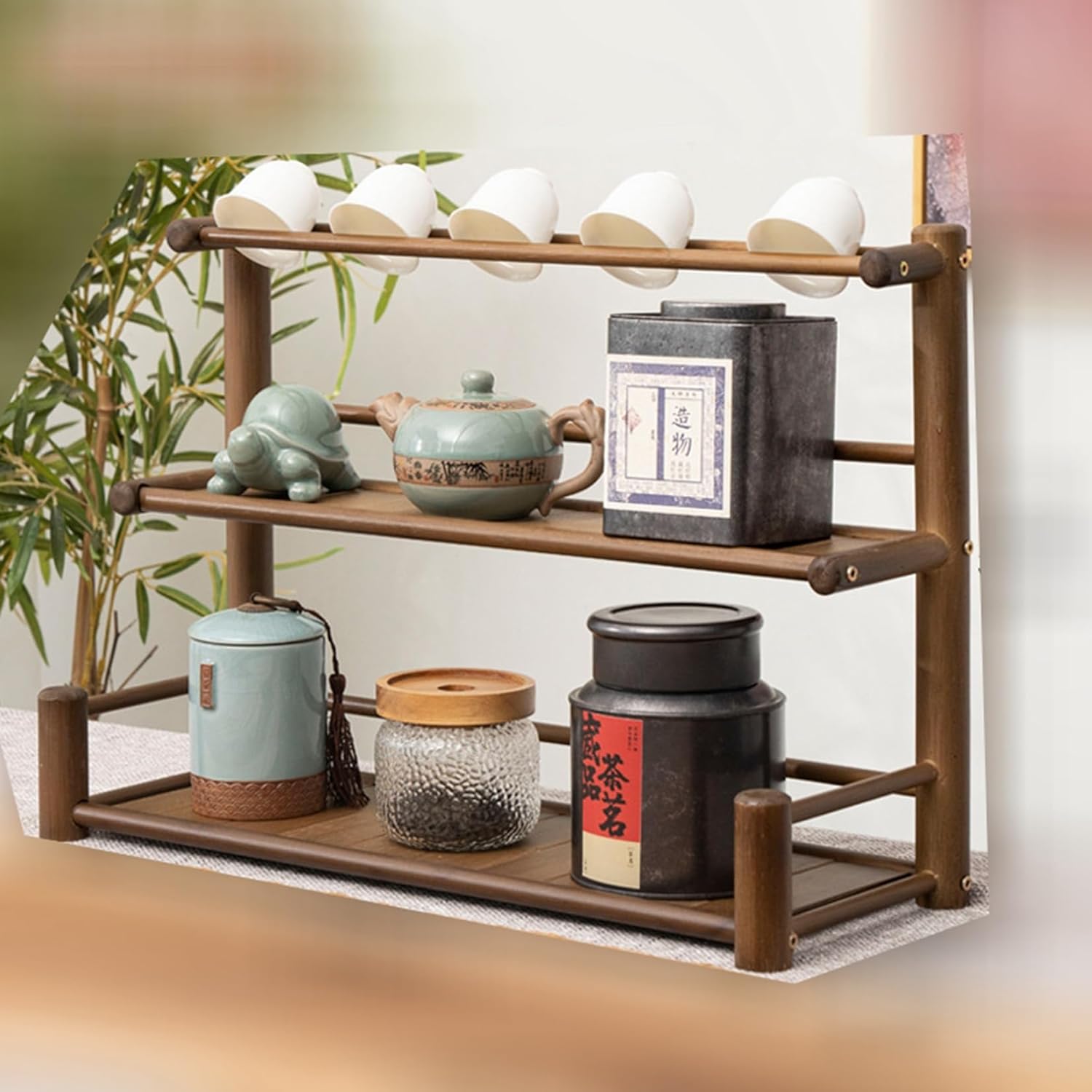 茶器収納トレー 竹製 アンティークトレー 調味料ラック 2段式 3段式 卓上置物 収納トレイ 卓上収納ラッ..
