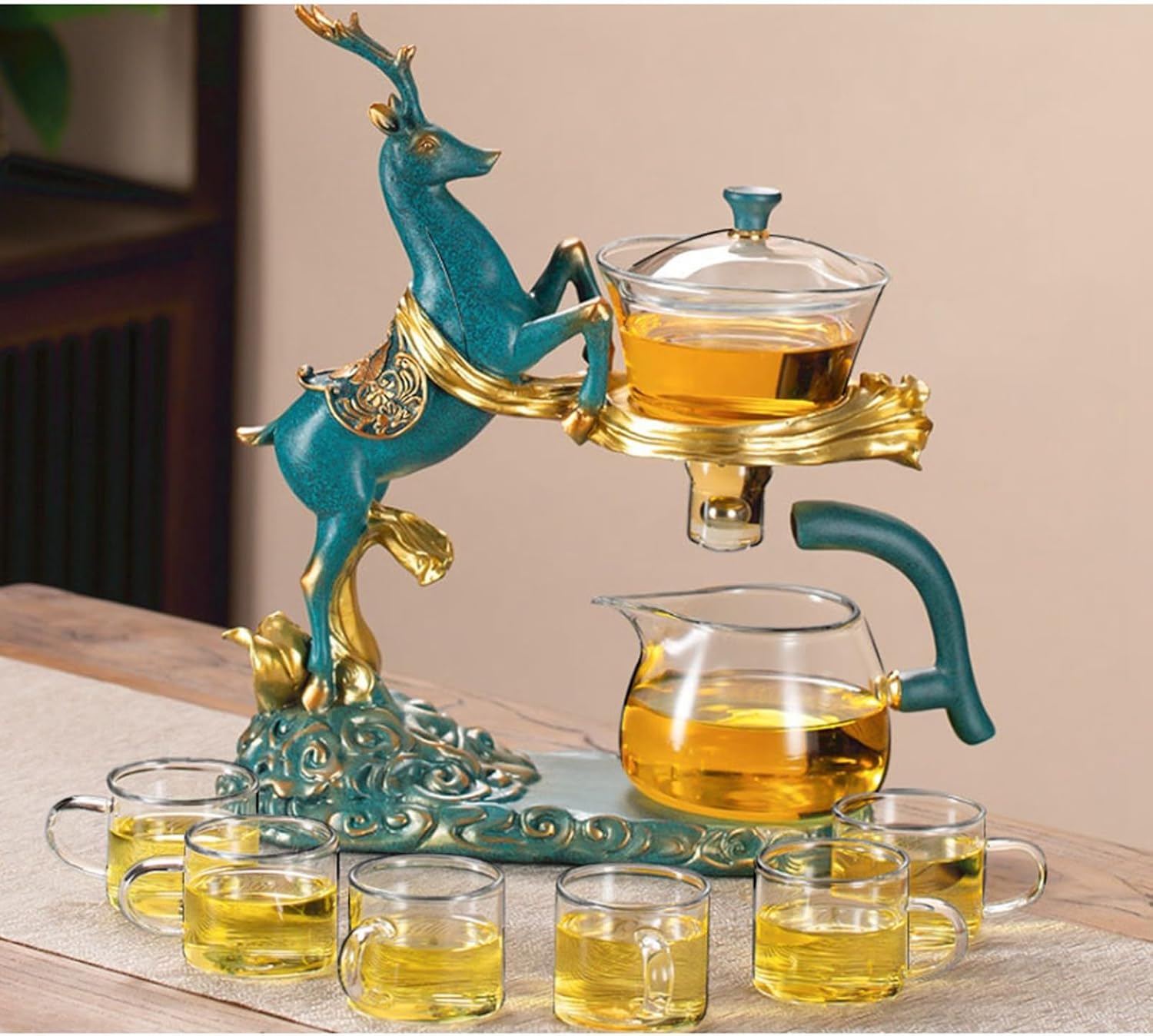 半自動 ティーセット 3体分割 ドラゴン ティーポット 耐熱ガラス 茶道具 急須 磁気 回転カバー ティー..