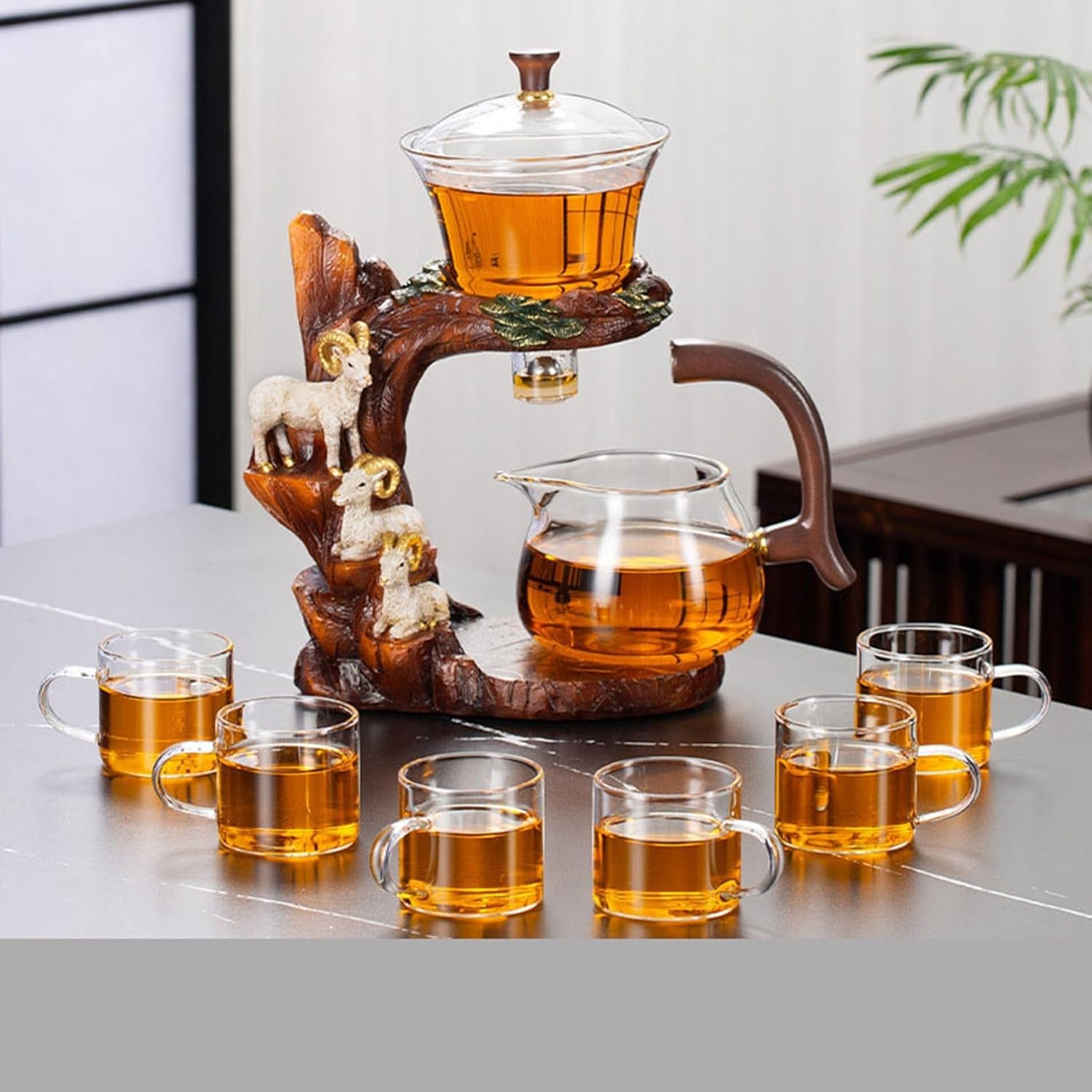 ティーポット 耐熱ガラス 半自動 ティーセット 3体分割 羊 急須 茶器 磁気 茶こし付き ティーメーカー ..