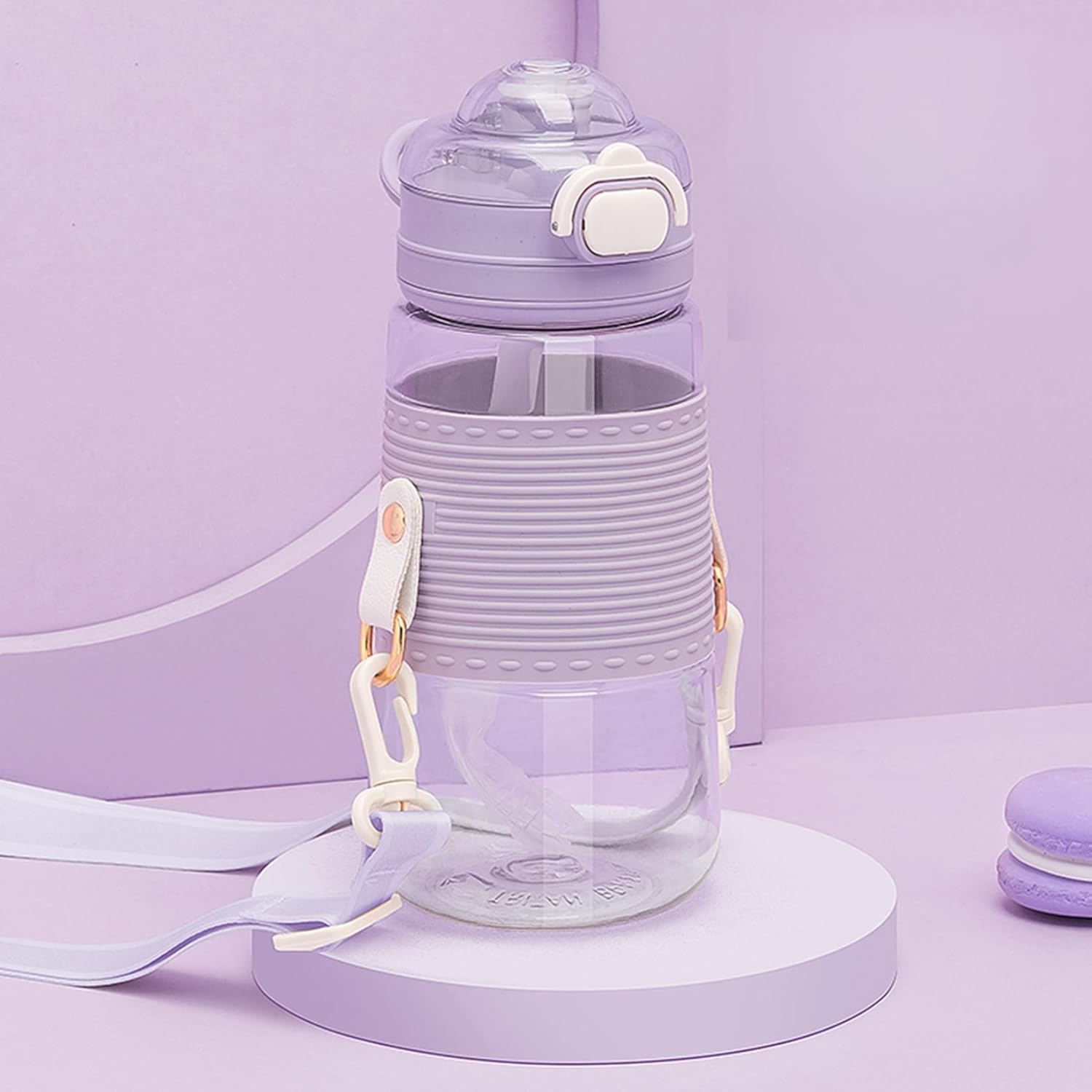 ウォーターボトル 水筒 ストロー プラスチック ボトル 600ml カバー付き 斜め掛け ワンタッチ開閉式 給..