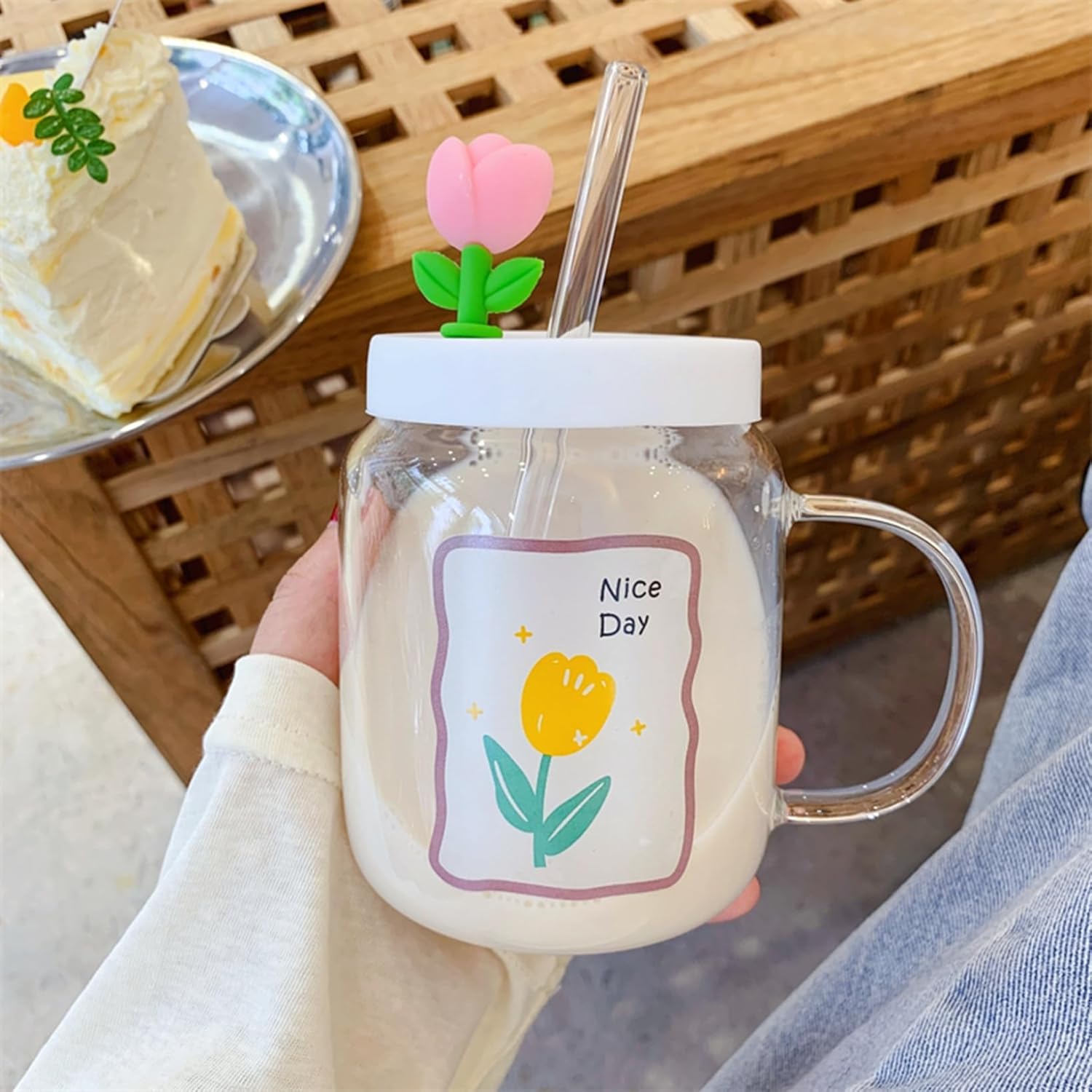 ガラスボトル 水筒 お花 ウォーターボトル 蓋付き 直飲み クリア ストロー フラワー 水分補給 保冷 保..