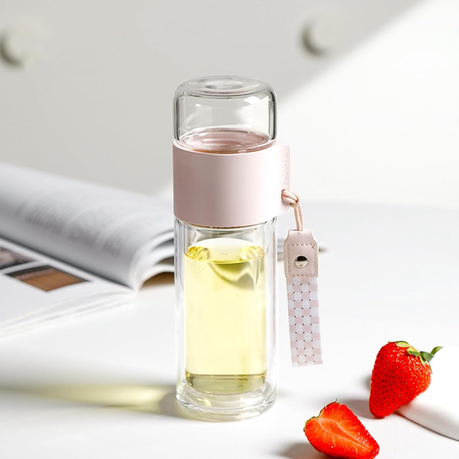 水筒 ウォーターボトル 耐熱ガラス カップ 2重ガラス 透明 分離式 直飲み 無鉛 キャリーハンドル付き ..