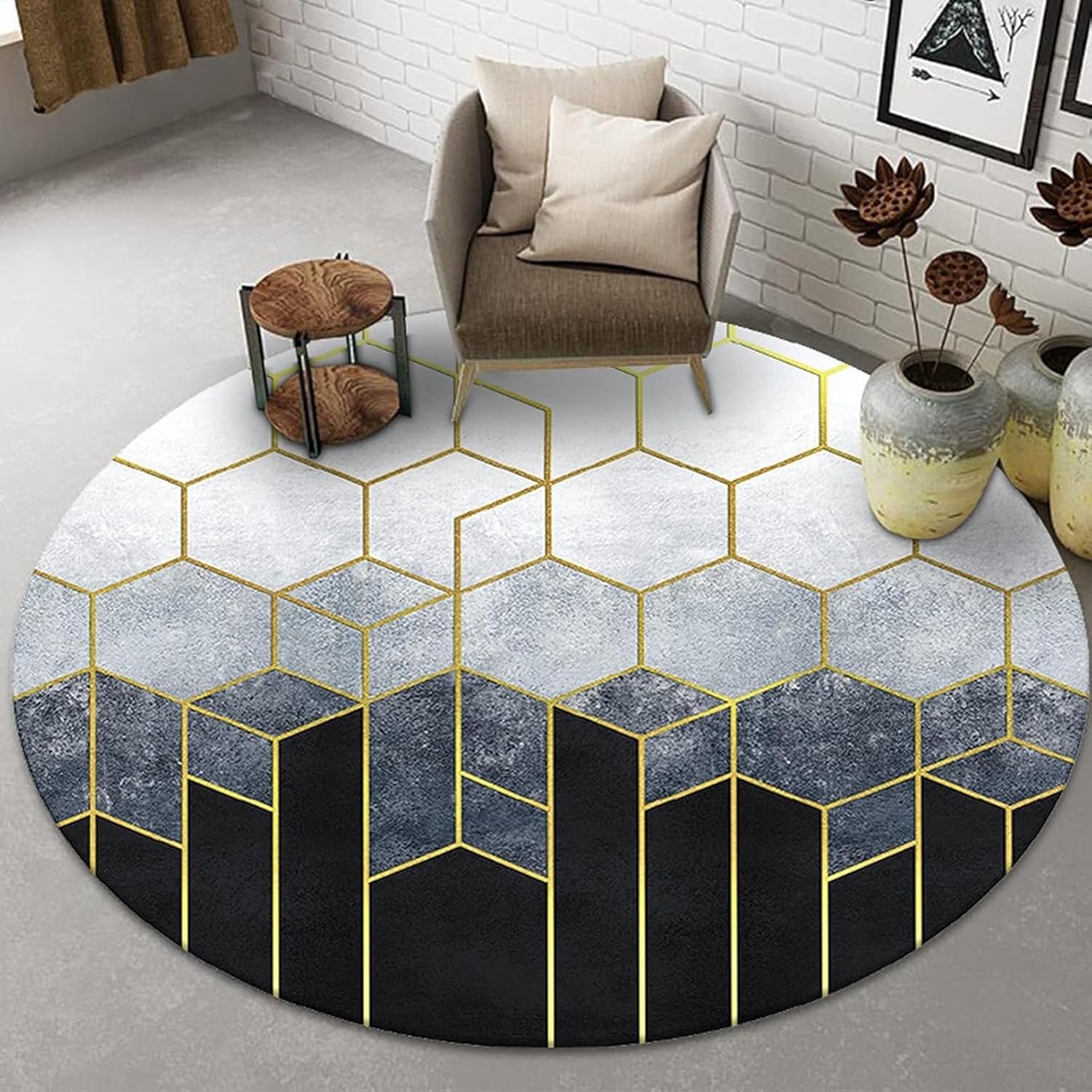 チェアマット ジオメトリラウンドエリアラググレーブルー円形カーペットリビングルームベッドルームベ..