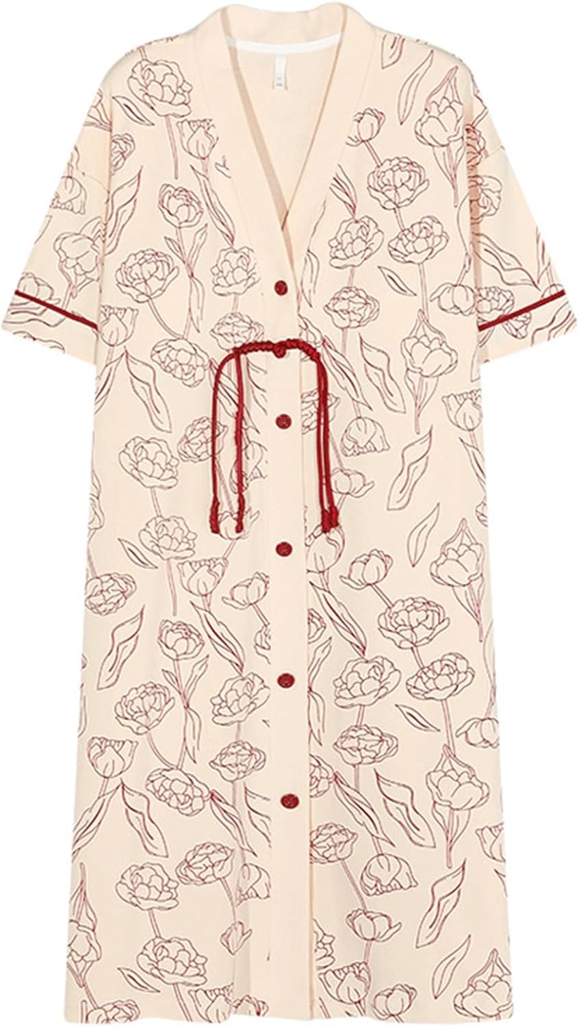 ナイトウェア 半袖 ルームワンピース カップ付き パジャマ レディース 前開き ロングカーディガン 春 夏 秋 便利服 ホームウェア 肌に優しい 薄い ゆったり 柔軟性 通気 速乾 ファッション 大人