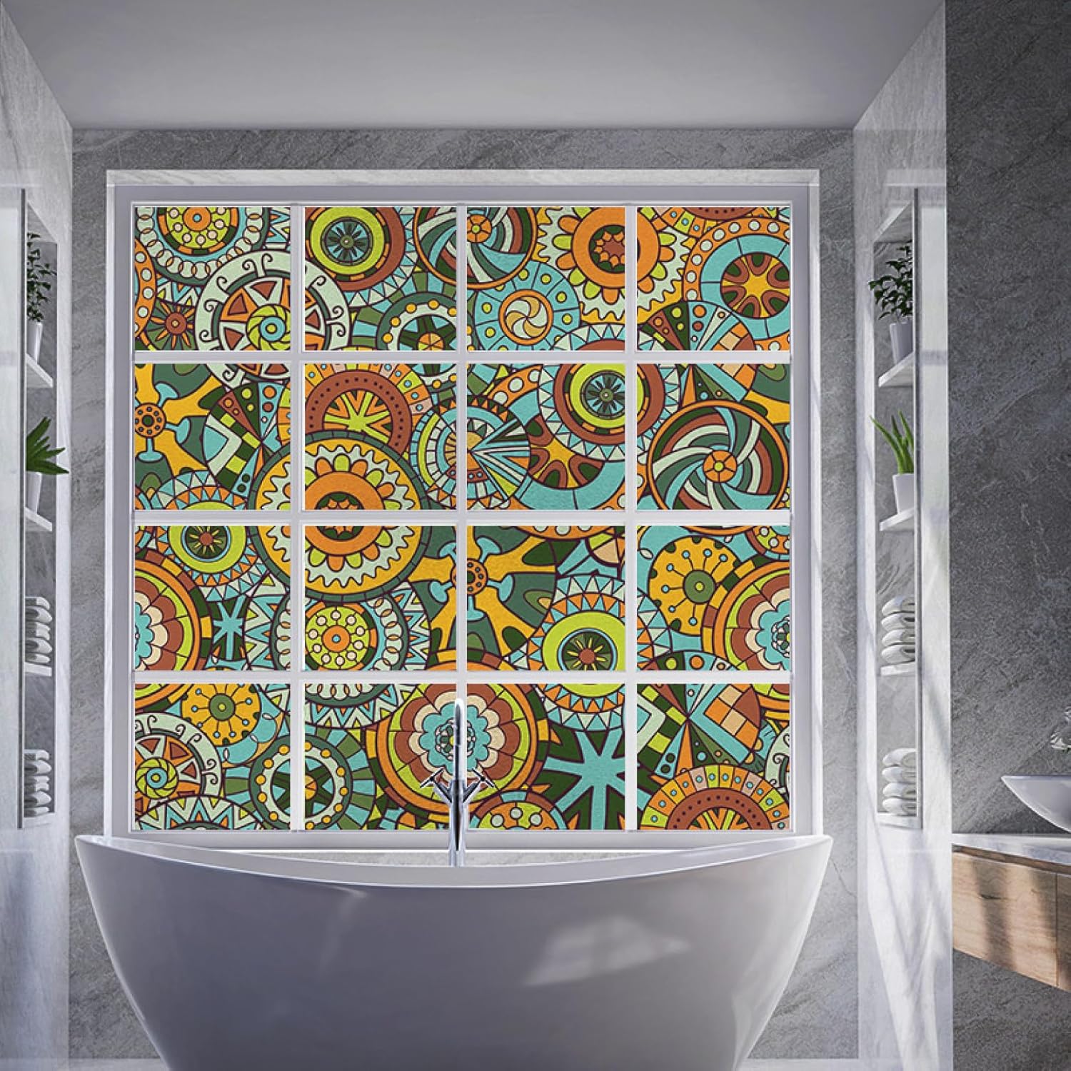 ステンドグラス 窓用フィルム アンティーク 洋風 風呂窓 飛散防止シート 窓めかくしシート インテリアシール プライバシー保護 装飾ウィンドウフィルム 半透明 窓飾り 粘着性 貼り付け可能 喫茶店 4