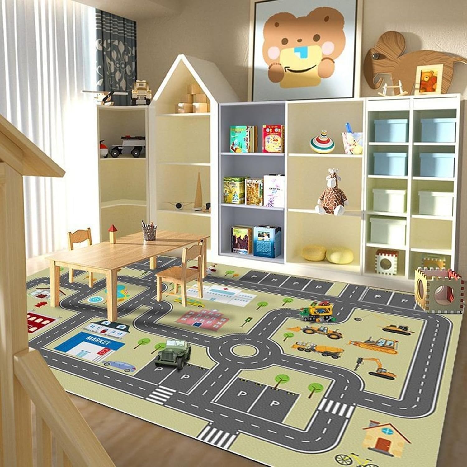プレイマット 子供部屋マット 道路柄 PU革 PVC 防水 防汚 拭ける 大判 遊べる 知育 遮音 敷物 線路図柄 転倒防止 子供用カーペット キッズカーペット 防ダニ 防カビ キッズルーム 幼稚園