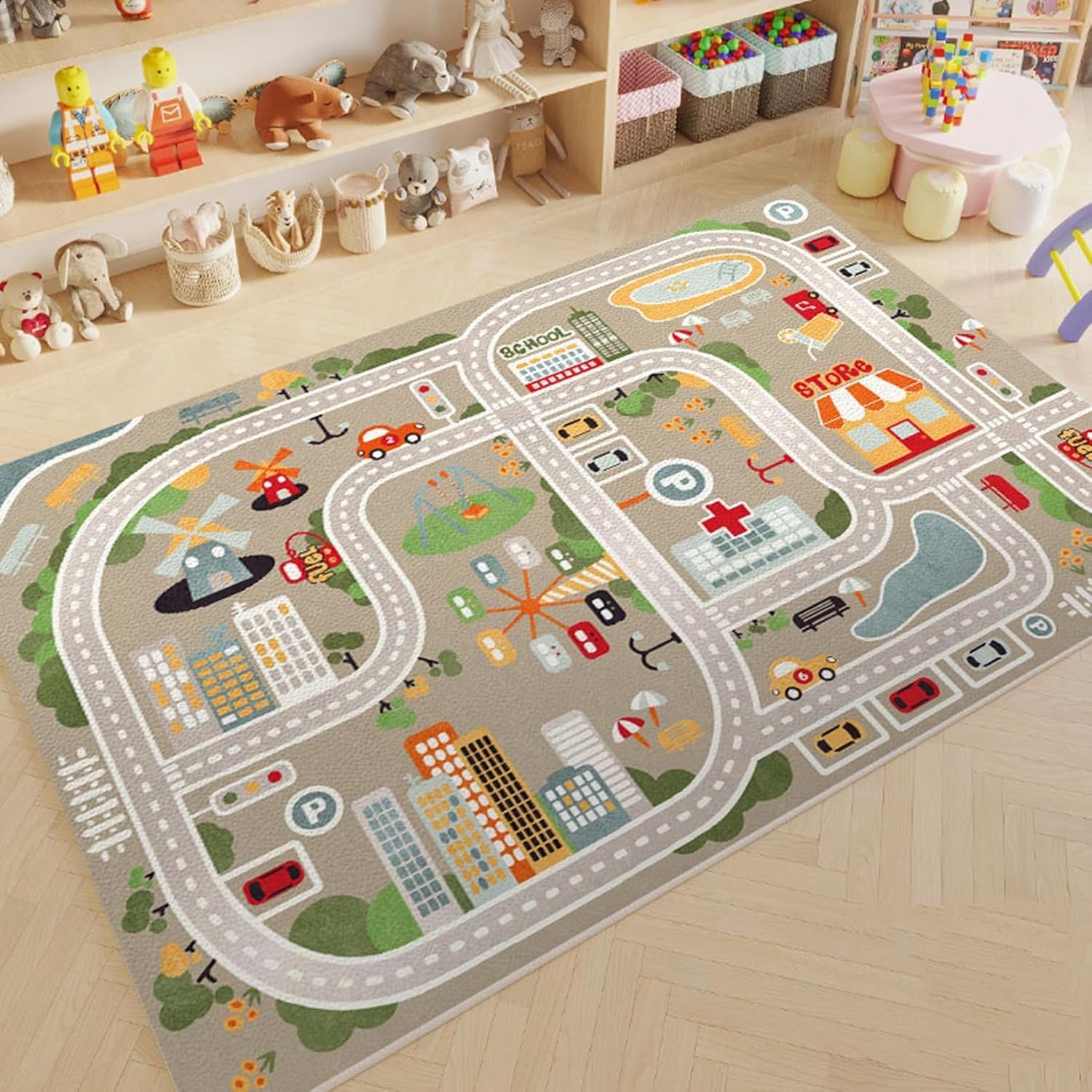 子供用 カーペット プレイマット 道路 線路 おもちゃ 遊びマット ゲーム PU革 PVC 防水 防汚 拭ける 大判 防音 防臭 防カビ 速乾 滑り止め付き ベット用 床暖房対応 子供部屋 赤ちゃん