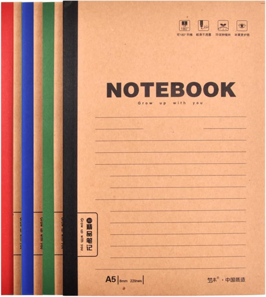 ノート A5 中横罫(横罫線入り) 5冊組み a5メモ帳 スケジュール帳 A5 手帳 色それぞれ5冊パック 罫線入り 水平開き 8mmの罫線幅 A5*60*10...