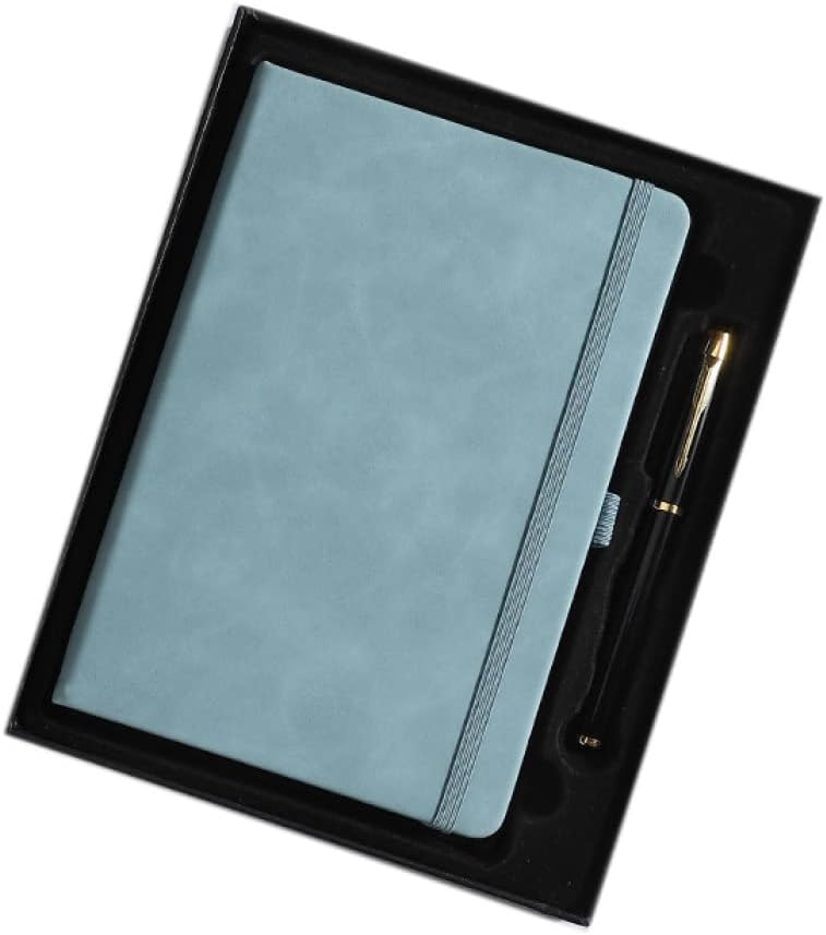 横罫ノート 厚紙 日記 200ページ 青 A5 ペンホルダー付き しおり紐 弾性ストラップ メモ帳 ノートダイアリー 無地表紙 A5*5 シンプル PUレザー ...