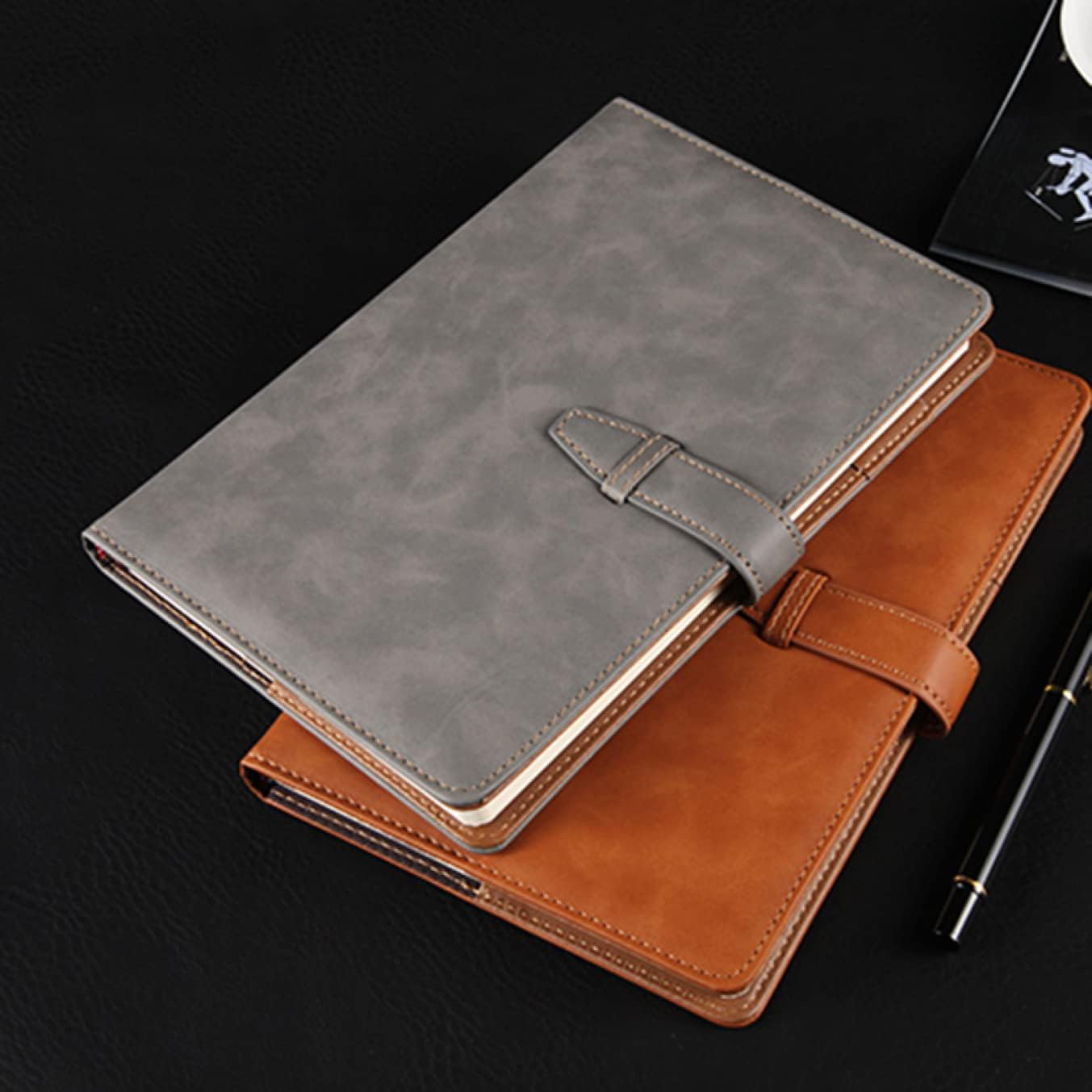 5 手帳 PUレザー 横罫線入り エレガント 2冊入り 横書き 8mmの罫線幅 しおりひも ペンホルダー付き 無地表紙 ビジネス手帳 グレー ハードカバーノート...
