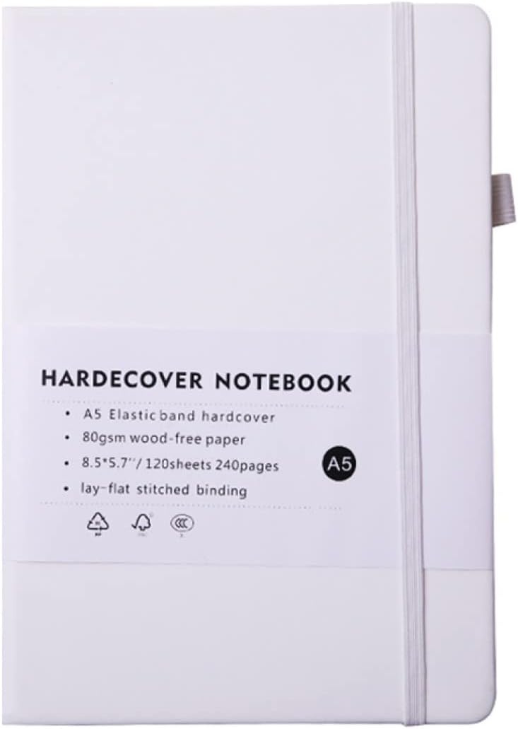 ハードカバーノートブック かわいいメモ帳 A5*2 200ページ(100枚)ゴムバンド 手帳 罫線入り日記ハードカバーノートブック A5 ホワイト メモ帳 ダイ...