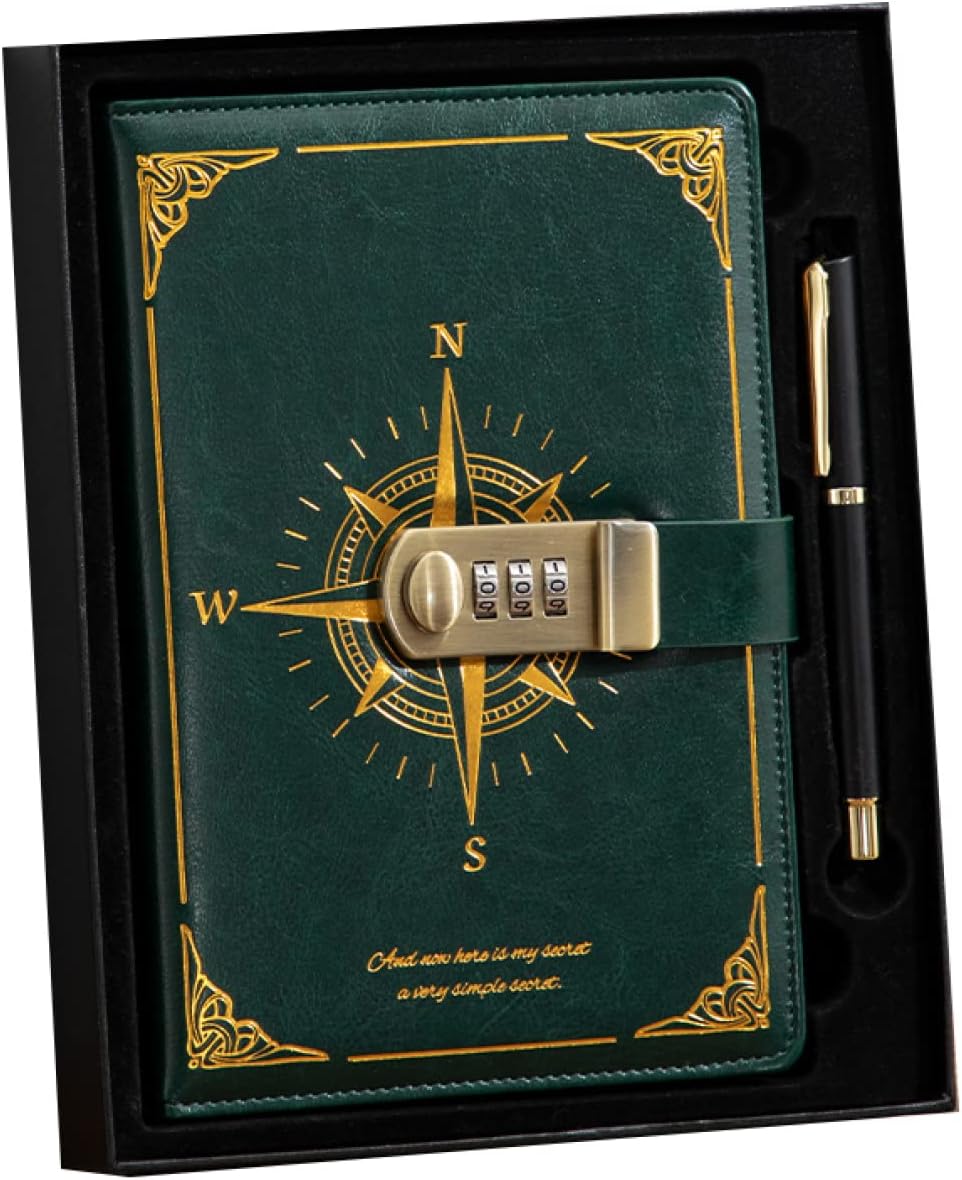 5メモ帳 レトロ日記帳 鍵付き ノート パスワードロック 秘密ノート ダイアリー 洋書風 アンティーク手帳 筆記用 革製 PUレザー グリーン 横罫 書きやすい...