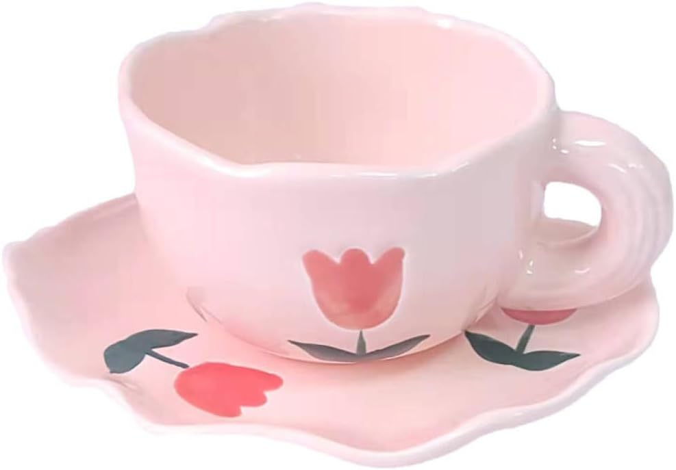 マグカップ マグ ピンク 陶器製 160ml エレガント ロマンチック 田園風 北欧風 絵柄 チューリップ 無地 母の日 お返し ギフト 敬老の日 普段使い コーヒーカップ アフタヌーンティー お茶