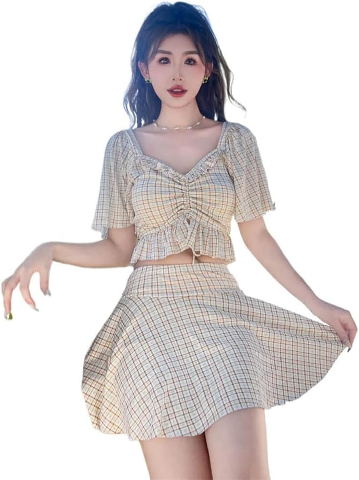ビキニ 2点セット 水着 レディース 可愛い チェック柄 水陸両用 水着 体型カバー スタイルアップ 学生 水着 おしゃれ 海水浴 温泉水着 10代 20代 セパレート フリル水着 おしゃれ 30代