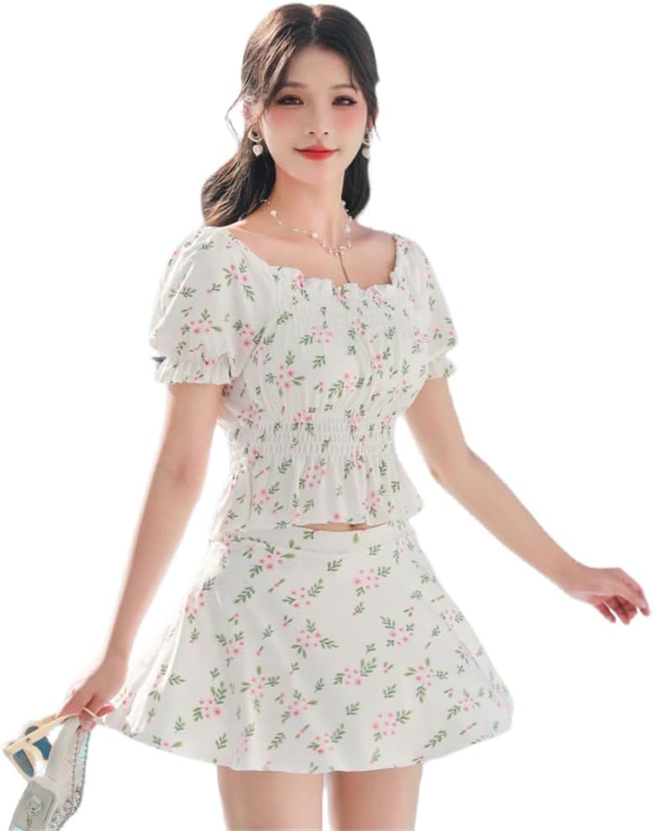 水着 レディース タンキニ 2点セット 体型カバー 可愛い 花柄 セパレート スカート ビキニ フリル ビーチウェア オフショルダー 上下セット ビーチ 温泉水...