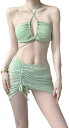 水着 ビキニ パンツ スカート 3点セット レディース クロス スイムウェア 無地 オフショルダー ノースリーブ 背中開き ストラップ ホルターネック 海水浴 女性水着 温泉水着 水陸両用 セクシー