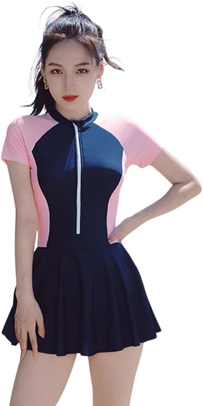 水着 レディース 着痩せ ビーチ スイミング スイムウェアハーフジッパー フィットネス水着 オールインワン水着 半袖 ラッシュガード 体型カバー 女性 サーフィ...