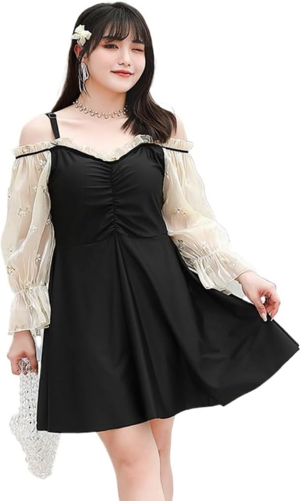 水着 レディース ワンピース 体型カバー セクシー オフショル オフショルダー かわいい シースルー 透け感 袖あり フリル 海 ビーチ プール ぽっちゃり 水...