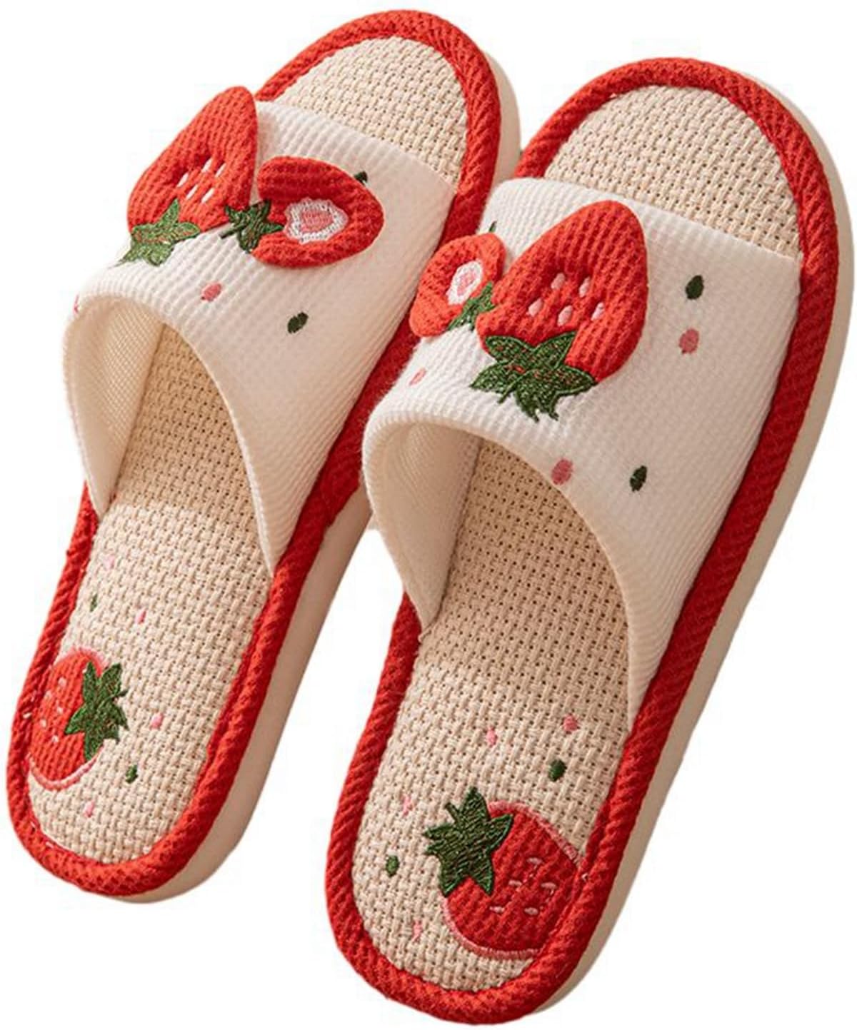 リネンスリッパ 亜麻 可愛い いちご ハウススリッパ ルームシューズ 室内履き替え レディース 来客用 サラサラ 通気吸汗 すべり止め 防滑 柔らかい 気持ちいい 夏用 室内はき トラベル 参観日