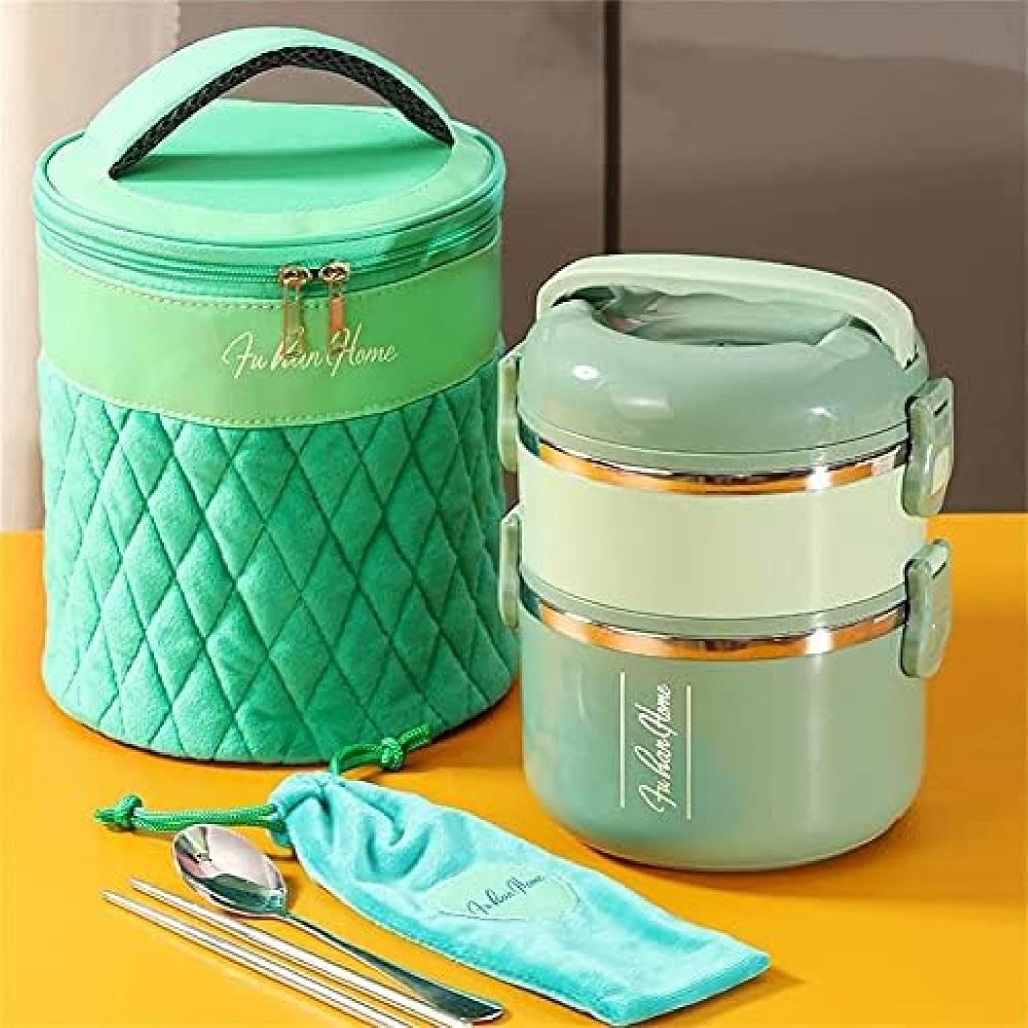 お弁当箱保温ランチジャー保温弁当箱二段おべんとう箱弁当バッグ付きお箸とスプーン付き真空断熱こども大人女性男性兼用通勤通学アウトドア用ピンク(3)