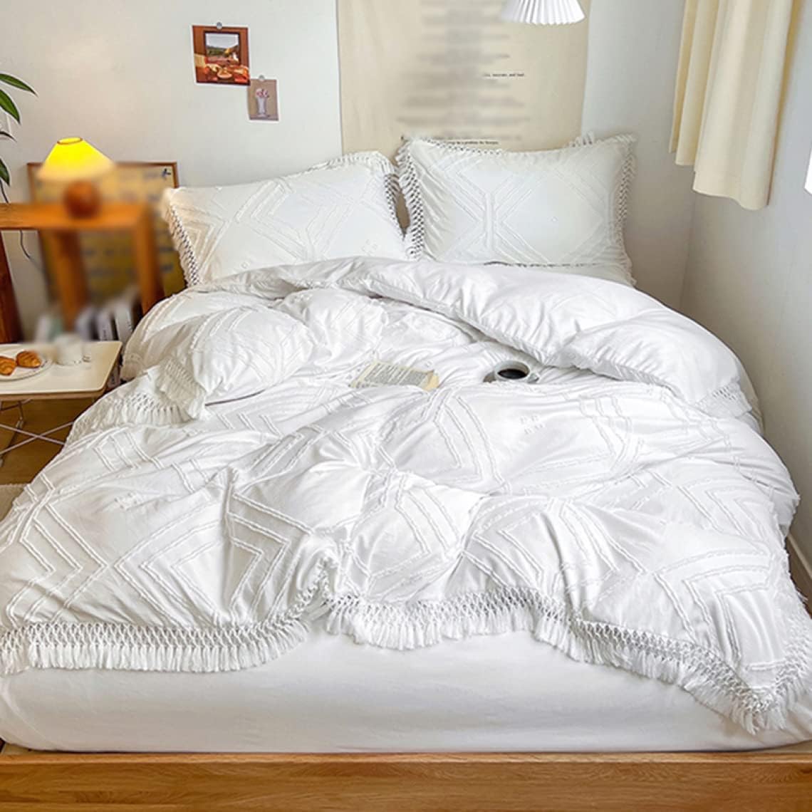 掛け布団カバーセット タッセル付き ホワイト フリンジタッセル 姫系 四季通用 シングル 3点セット ポ..