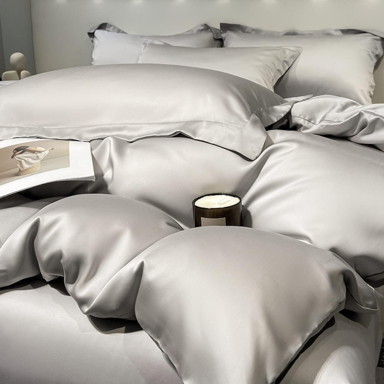 冷感 布団カバーセット 色1 フラットシーツ 北欧 ホテル仕様 4点セット ダブル クイーン ツルツル艶と..