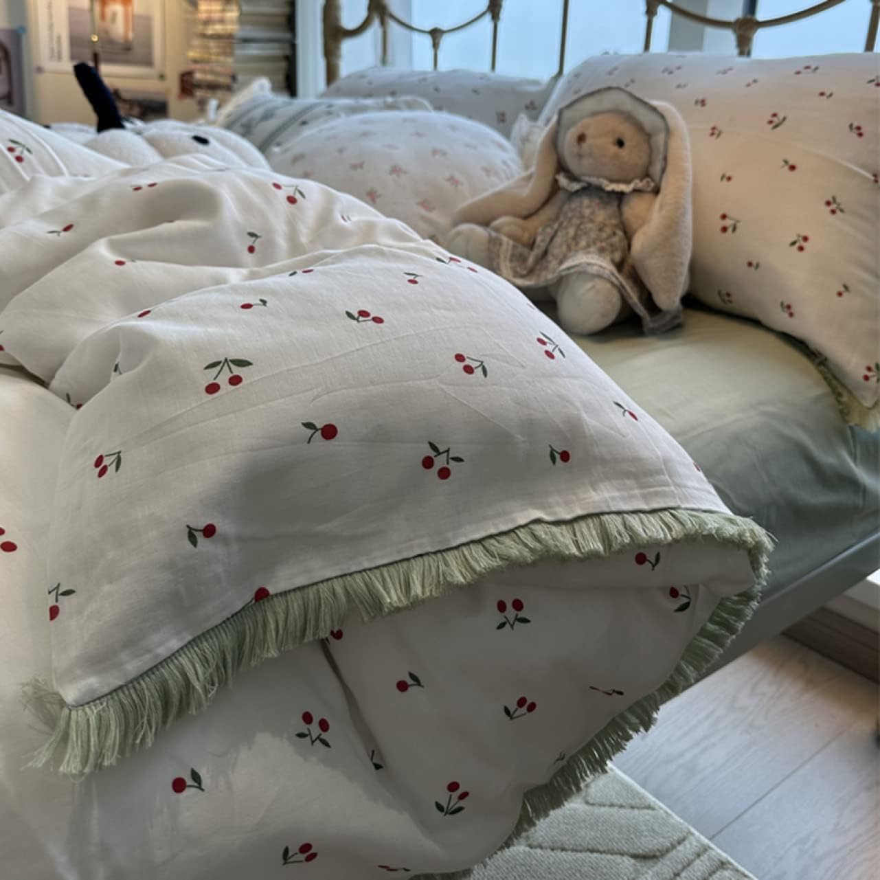 布団カバーセット ポリエステル グリーン 柔らかい 花柄 タッセル付き 可愛い 4点セット 3点セット 大..