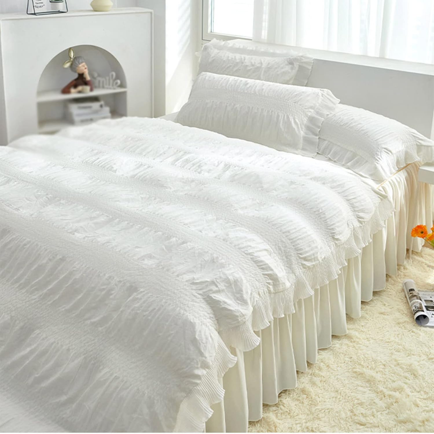 掛け布団カバー フリル付き 3点セット シアサッカー生地 4点セット シングル ダブル クイーンサイズ 無..