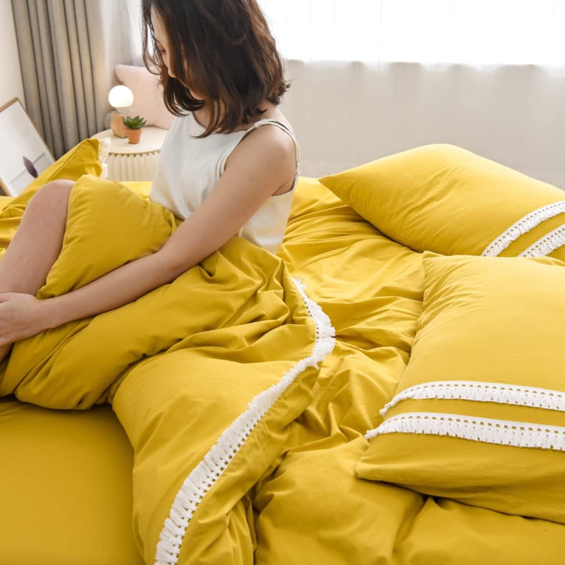 布団カバーセット ボヘミアン風 イェロー タッセル付き 可愛い シングル レディース 姫系 3点セット 4..