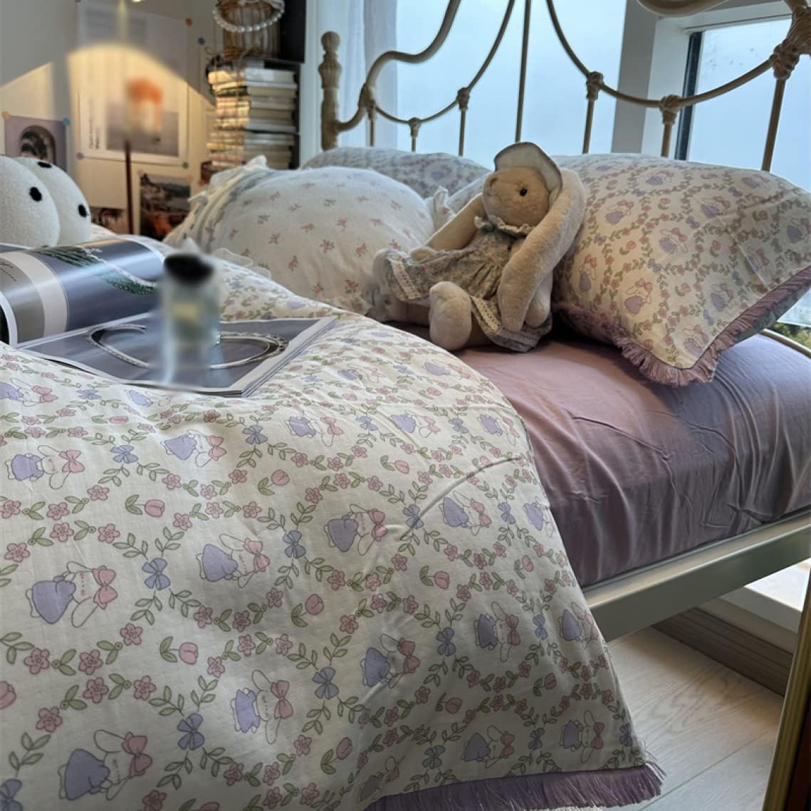 布団カバーセット ボックスシーツ/フラットシーツ パープル ボヘミアン風 タッセル付き 可愛い ダブル ..