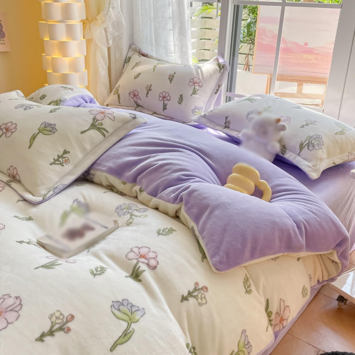 可愛い 布団カバーセット 防寒 ふわふわ ダブル クイーン 4点セット フラットシーツ 色5 枕カバー おし..