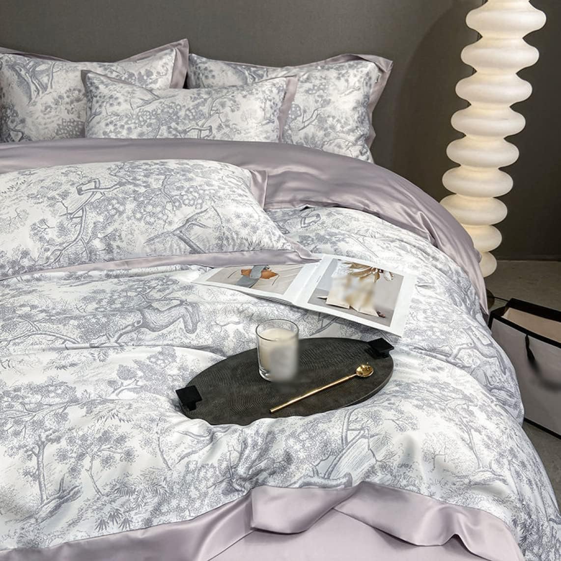 布団カバーセット 4点セット ダブルサイズ フラワー柄 涼感寝具 フラットシーツ 枕カバー 北欧 光沢 グレー 1.5mA 艶あり なめらか ボックスシーツ 快眠 コンフォート 高級 シルクみたい 華