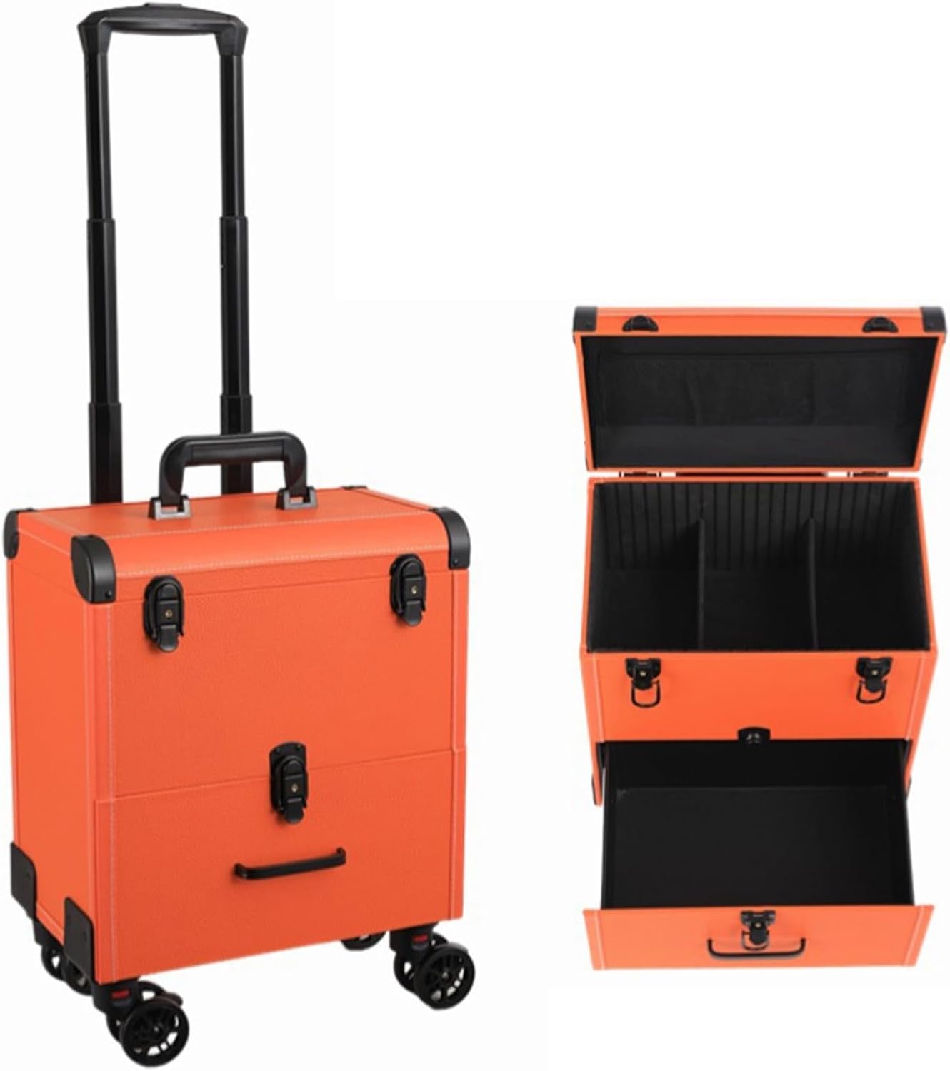 キャスター付き キャリーボックス プロ用メイクボックス 業務用 2層 引き出し 大容量 収納ケース 仕切り 宝石箱 pu たっぷり収納 メイクボックスキャリーバッグ 美容師 出張 旅行用 使用便利 贈