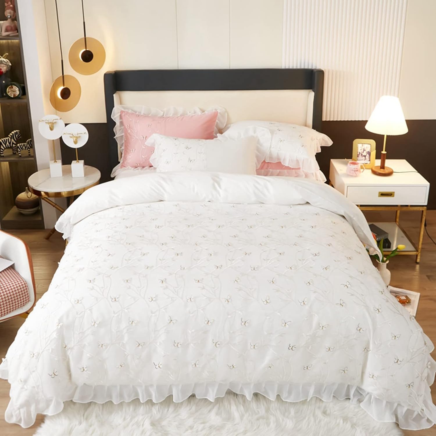 純綿 シングル ダブル レースフリル かけ布団カバーセット 姫系 無地 3・4点セット 四季通用 蝶柄刺? ..