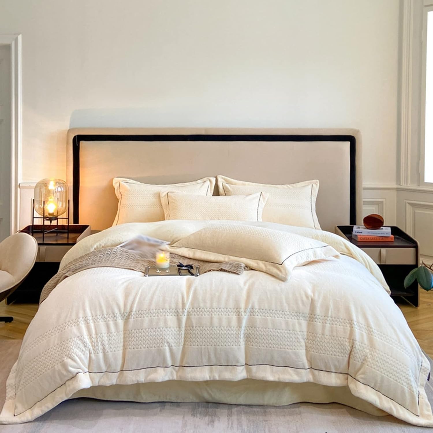 寝具 枕カバー 3/4点セット ジャカード織 無地 上品 フランネル スカラップ 姫系 女の子 ベッドシーツ シングル ダブル 保温保暖 冬 かけ布団カバー 静電気防止 シンプル 無地 厚手 インテリ